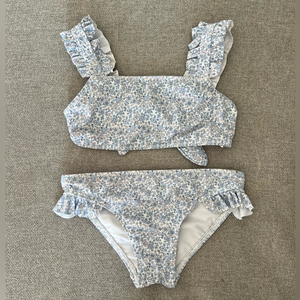 Minnow swim girls slate floral ruffle strap bikini, size 7/8